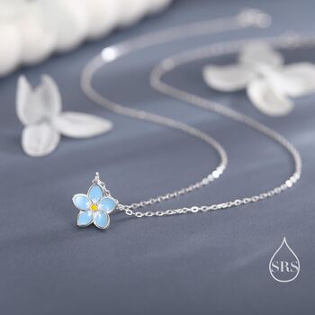 Sterling Silver Tiny Dainty Forget Me Not Flower Pendant Necklace, 2 of 11