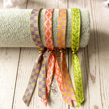 Set Of Four Festival Ribbon Bracelets, Checks / Leaves, 3 of 5
