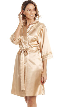 British Made Gold Bridal Short Satin Dressing Gown With Lace Detail Ladies Size Eight To 28 UK, 3 of 4