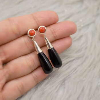Red Coral, Black Onyx Sterling Silver Dangle Earrings, 6 of 8
