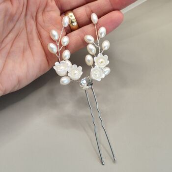 Pearl And Ceramic Flower Bridal Hair Pin, 6 of 12