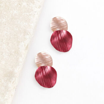Hammered Textured Two Tone Coral Double Disc Earrings, 2 of 3