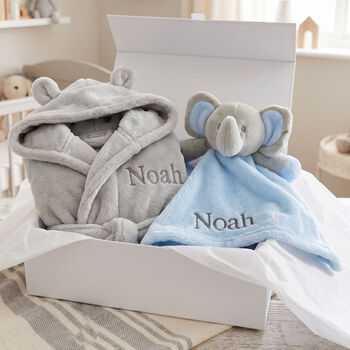 Personalised Grey Baby Gown And Blue Elephant Comforter Set, 3 of 12