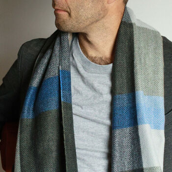 Men's Blue Grey Colour Block Herringbone Scarf, 2 of 9