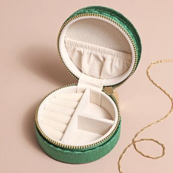 Quilted Velvet Round Travel Jewellery Case In Green, 4 of 4
