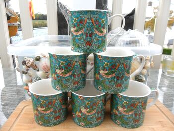 Set Of Six Palace Mugs In William Morris Teal Strawberry Thief Design, 12 of 12