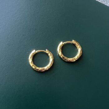 Mens Gold Plated 925 Silver Hammered Hoop Earring, 10 of 12