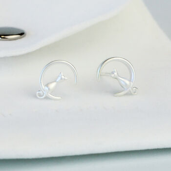 Sterling Silver Cat And Crescent Moon Stud Earrings, 3 of 4