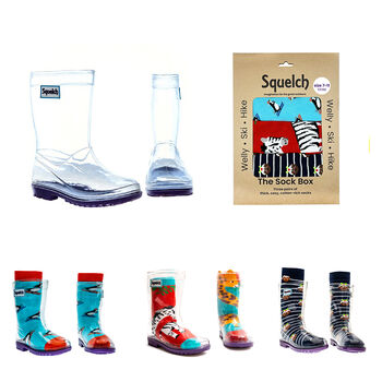 Squelch Transparent Wellies And Three Sock Set Penguins, 2 of 8