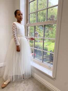 Long Sleeve Lace Flower Girl Dress – Heart Back Tulle Dress For Communion And Christening UK Handmade, 3 of 9