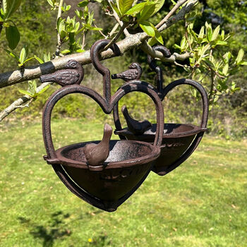 Set Of Two Cast Iron Heart Shaped Bird Seed Feeders, 2 of 9