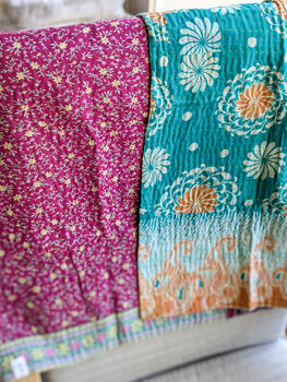 Mini Kantha Quilt Vintage Sari Throw Blankets, Handmade, 3 of 12