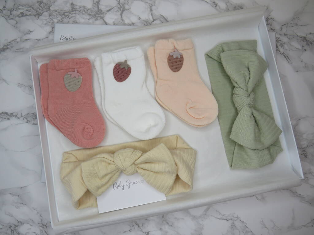 Strawberry Socks And Knotted Bows Baby Gift Set, 1 of 2