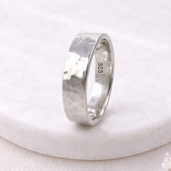 Personalised Flat Sterling Silver Hammered Wedding Ring Band – 5mm, 3 of 10