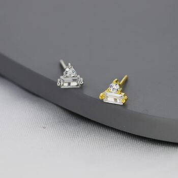 Baguette And Round Cz Stud Earrings Sterling Silver, 3 of 12