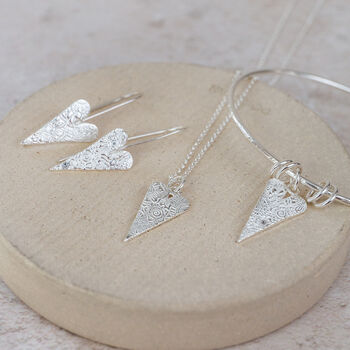 Sterling Silver Textured Long Heart Earrings, 3 of 5