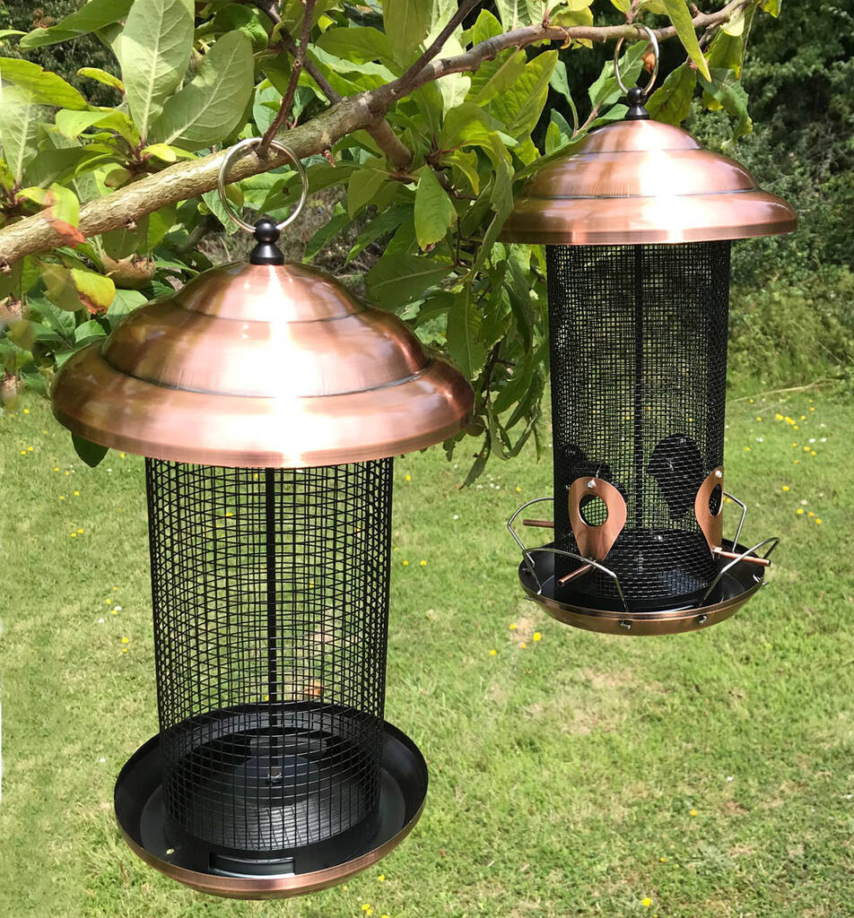 Set Of Two Giant Copper Style Seed And Nut Bird Feeders By Garden