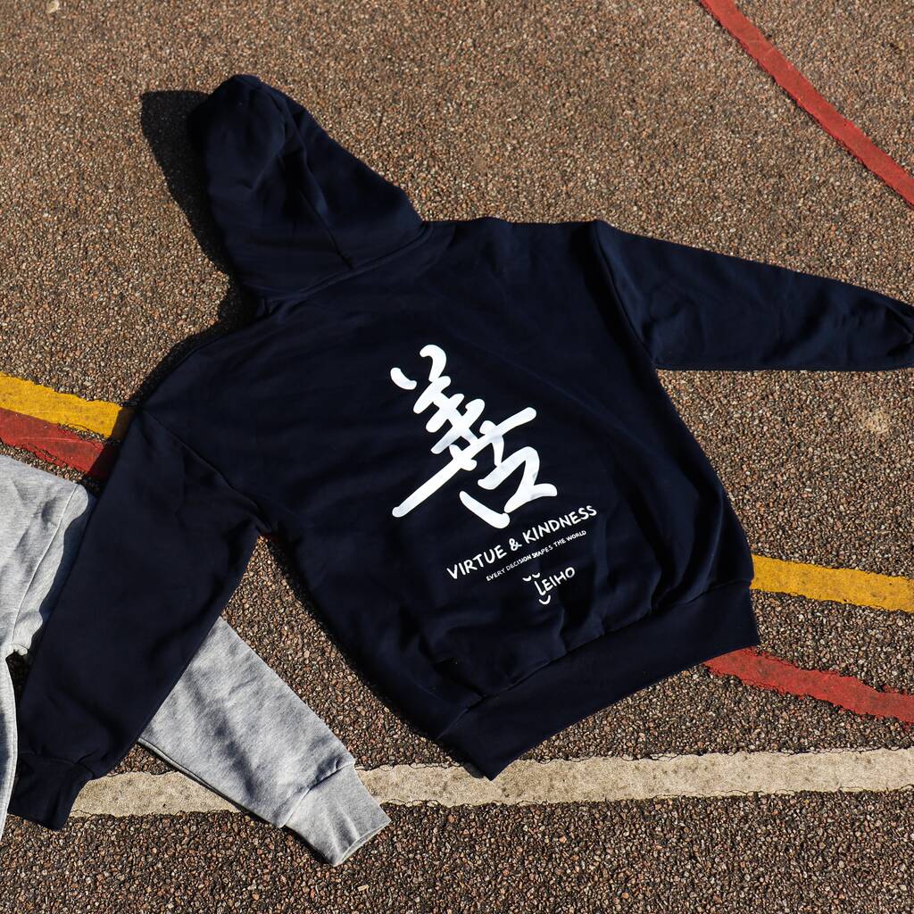 'Virtue And Kindness' Heavyweight Boxy Navy Hoodie, 1 of 5