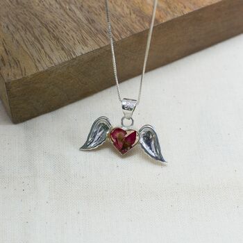 Sterling Silver Angel Wing And Real Flower Heart Necklace, 4 of 6