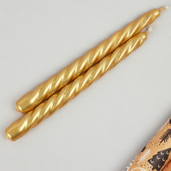 G Decor Set Of Two Handmade Maison Dorée Antique Gold Spiral Glitter Stripe Dinner And Taper Candles, 2 of 5