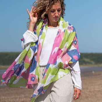 100% Organic Cotton Pink And Green Retro Poppy Scarf, 4 of 7