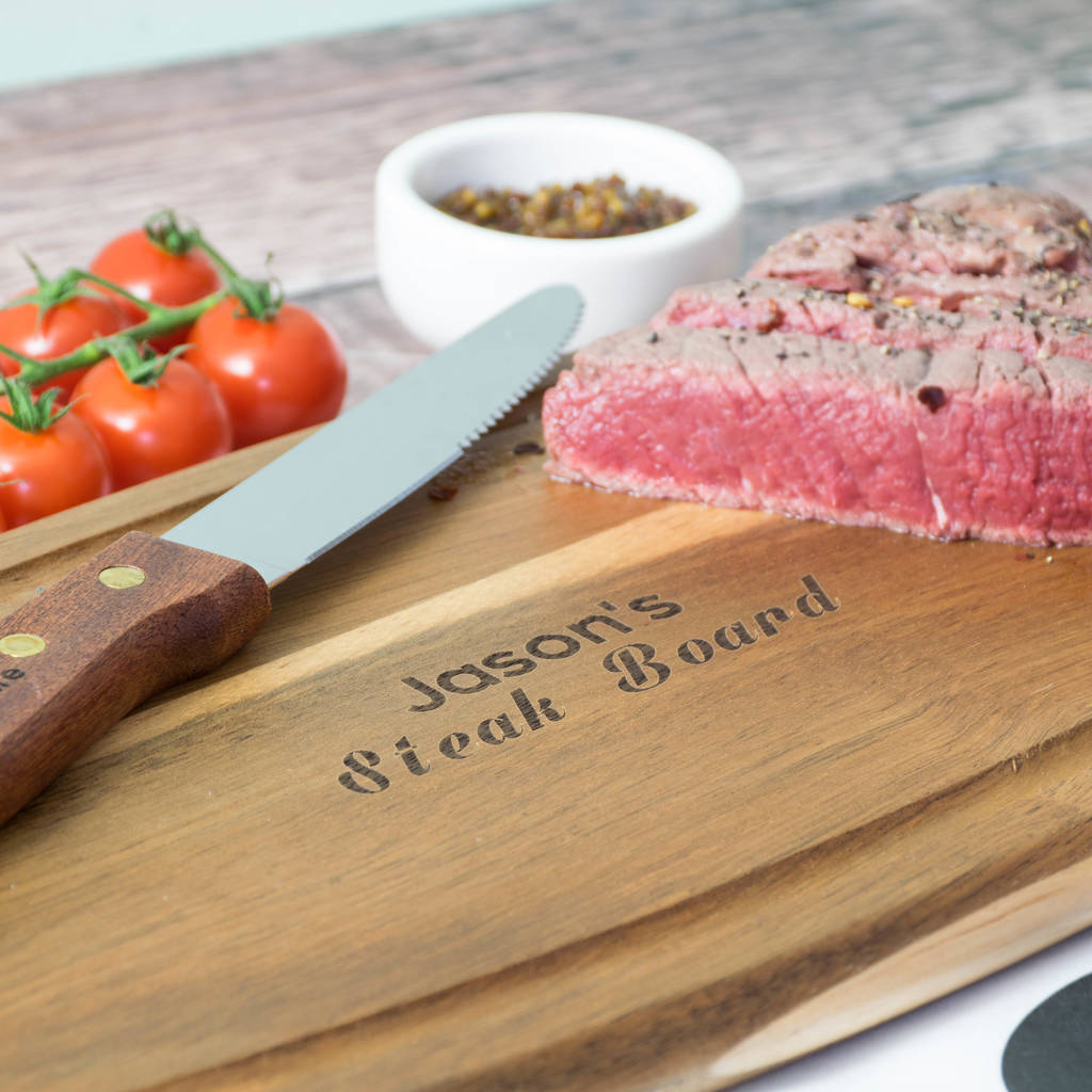 Steak Set, Personalised Board, Knife And Napkin By 3 Blonde Bears