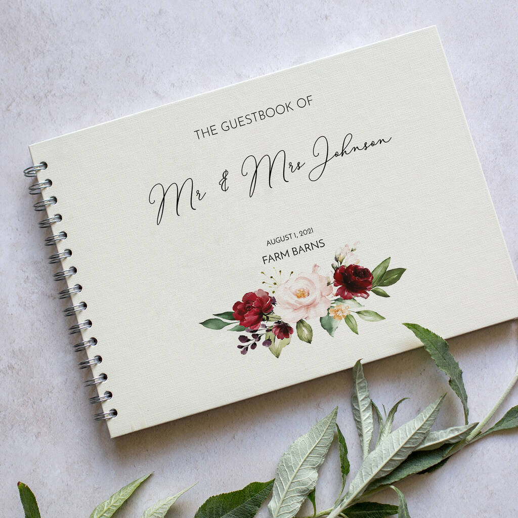 Personalised Burgundy Floral Wedding Guest Book, 1 of 3