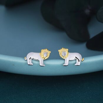 Tiny Lion Stud Earrings In Sterling Silver, 5 of 11