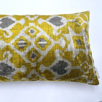 Oblong Velvet Ikat Cushion Yellow And Grey Heart, 6 of 7