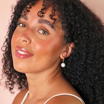Gold Stainless Steel Large Pearl Drop Huggie Hoop Earrings, 3 of 4