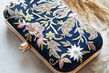 Meena Navy Blue Silk Embroidered Clutch, 4 of 4