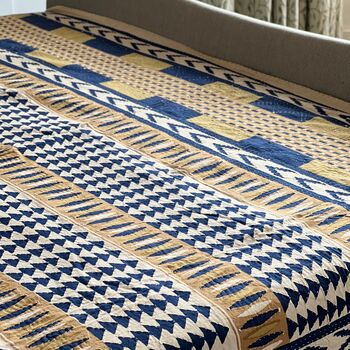 Yellow And Navy Block Print Indian Bedspread, 3 of 3