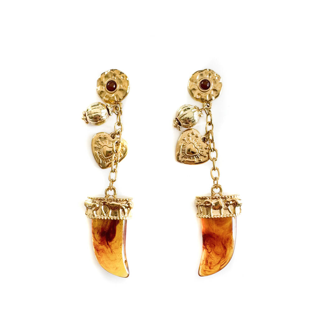 Heliosa 18k Gold Plated Heart Charm And Tusk Earrings, 1 of 2