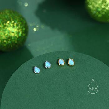 Sterling Silver Tiny Blue Opal Droplet Screw Back Earrings, 6 of 10