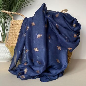 Silver Bee Print Scarf In Navy Blue