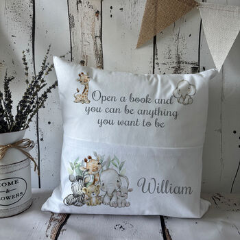 Kids Personalised Safari Animals Book Pocket Cushion, 2 of 3