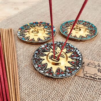 Smiling Gold Sun Incense Stick Holder Ash Catcher, 9 of 12