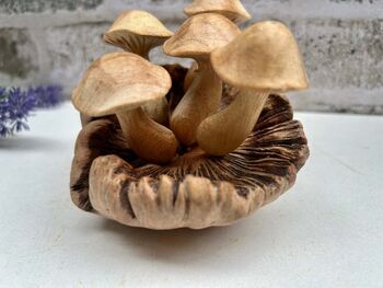 Handcrafted Wavy Cup Mushroom Sculpture Ornament On Natural Teak Root, 3 of 5