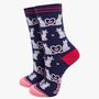 Women's Bamboo Socks White Cats In Love Navy, thumbnail 1 of 4