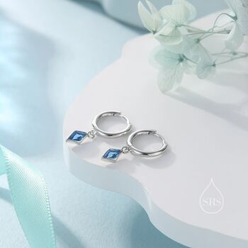 Very Tiny Rhombus Aquamarine Blue Cz Huggie Hoop In Sterling Silver, 2 of 12