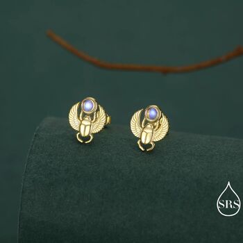 Sterling Silver Scarab Beetle Stud Earrings With Lab Moonstone, 2 of 12