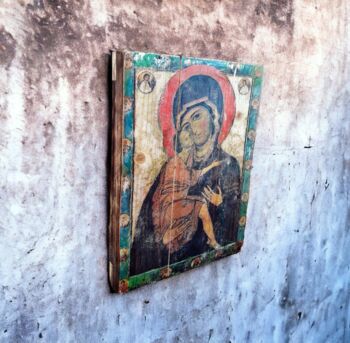 Icon Of Virgin Mary, Religious Symbol, Antique Russian Wood Board, 5 of 6