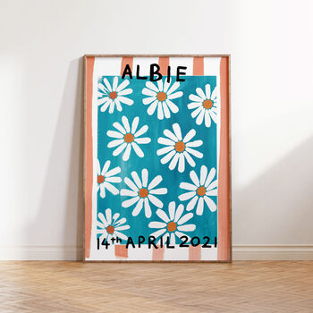 Personalised Striped Birth Flower New Baby Art Prints, 5 of 12
