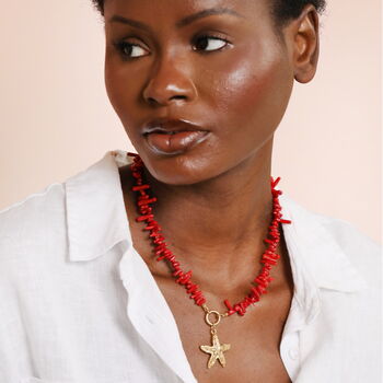 Red Coral Chunky Starfish Pendant Necklace In Gold Plating, 3 of 4