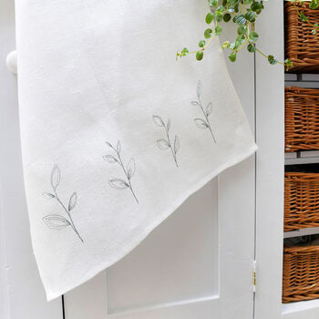 Embroidered Linen Leaves Tea Towel, 2 of 5