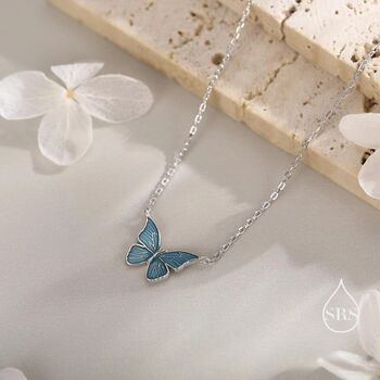 Sterling Silver Blue Enamel Butterfly Pendant Necklace, 4 of 11