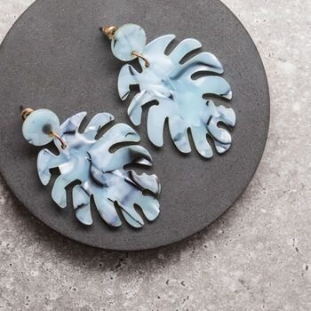 Aqua Blue Tortoiseshell Leaf Earrings, 2 of 3