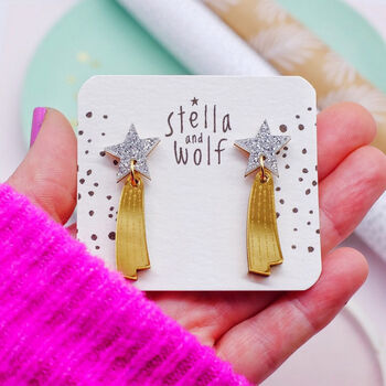Silver Glitter And Gold Acrylic Shooting Star Earrings, 4 of 6