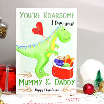 Personalised Mummy Daddy Dinosaur Christmas Card, 4 of 8