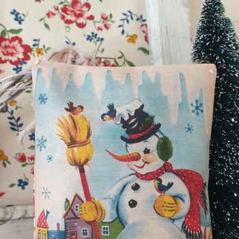 Vintage Christmas Snowman Illustration Fabric Pillow, 3 of 6